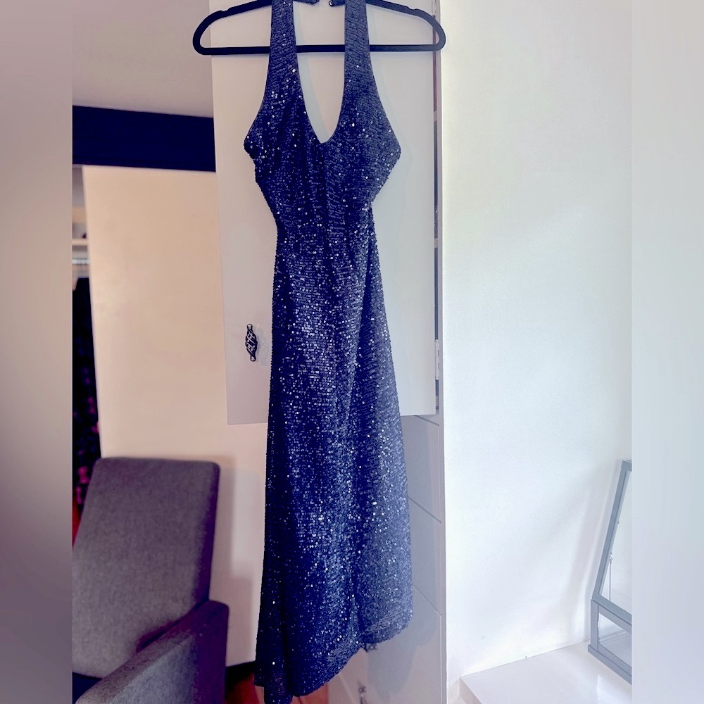 BCBGeneration Blue Sequin Halter Gown